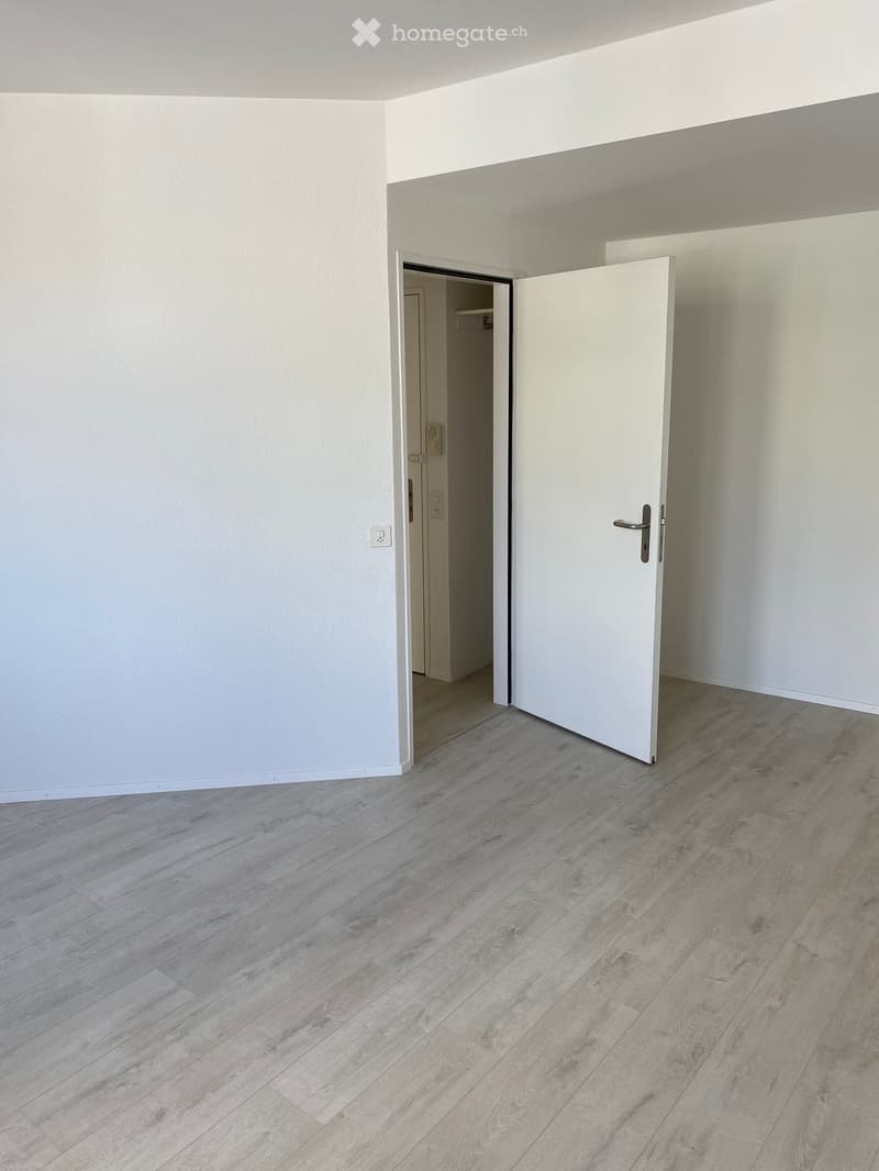 empty room with white walls and wooden floor, open door