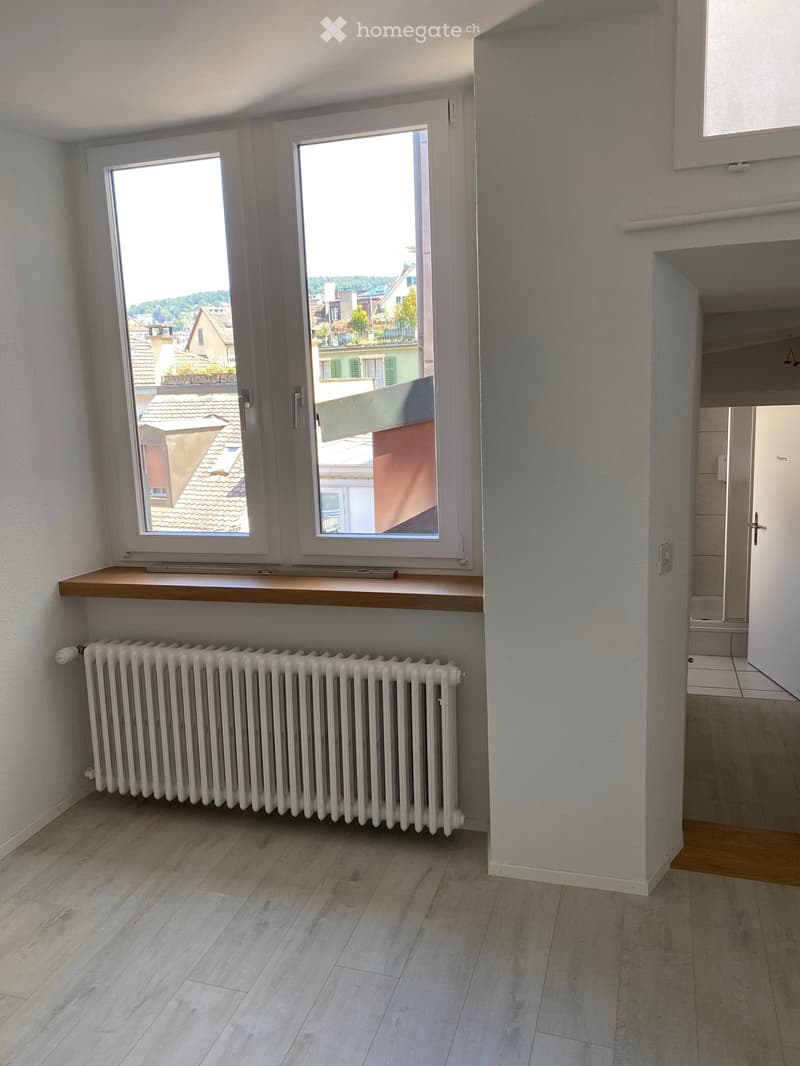 Empty room, wooden window sill, radiator, tiled floor, view