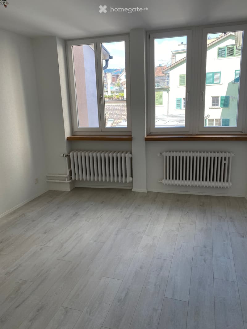 empty room, wooden floors, two large windows, radiators