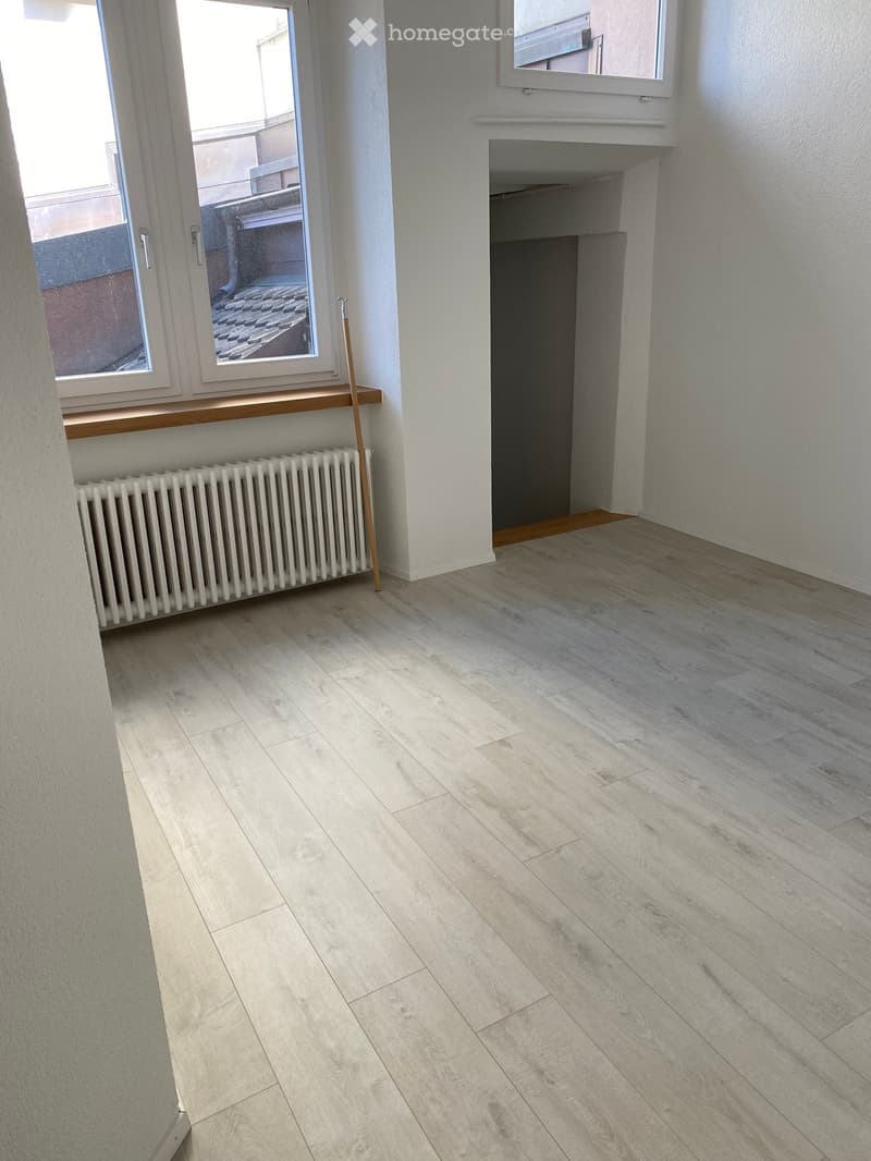 Empty room with wooden floor, white walls, radiator, and two windows.