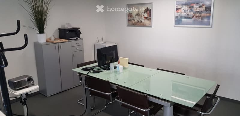 glass table, chairs, computer monitor, cabinet, printer, pictures on wall, projector