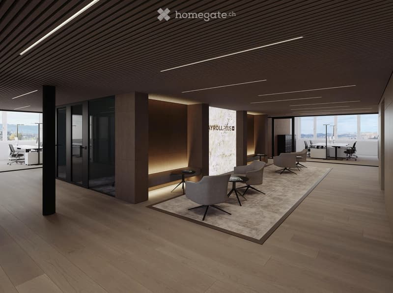 modern office with wooden floors, large windows, wooden ceiling, glass partitions, gray chairs, marble wall, black furniture, minimalist design