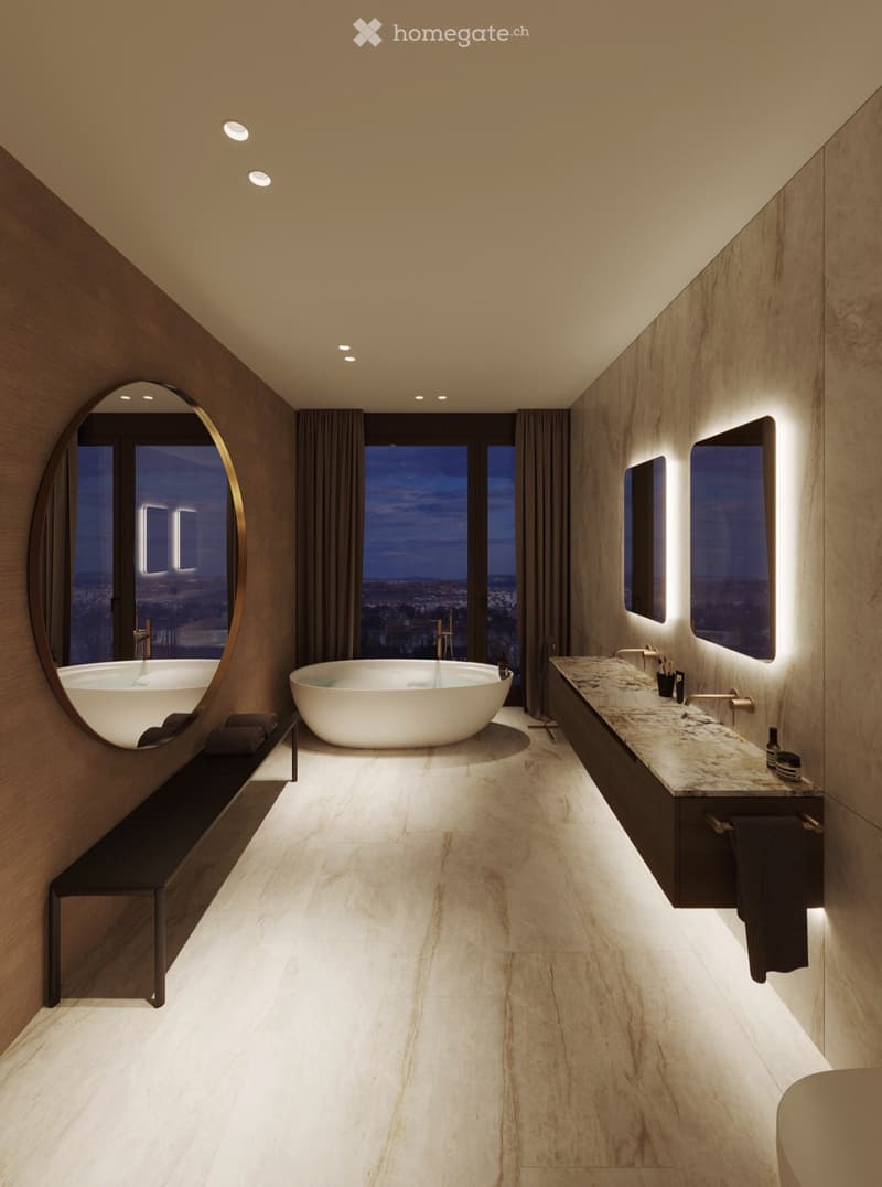 large bathtub, marble wall and floor, mirrors, benches, night lights, views to the city