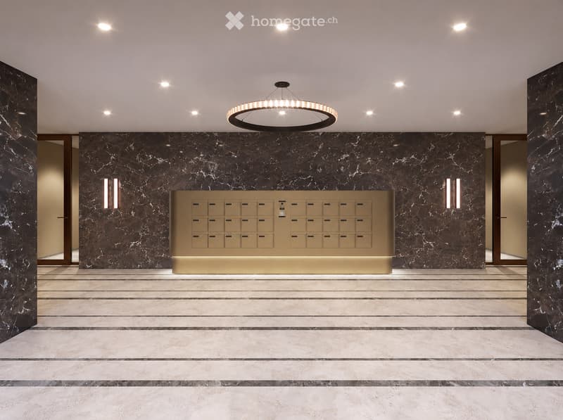 Modern hallway with marble walls, polished marble floor, recessed ceiling lights, and a central circular pendant light above a gold-colored console with mail slots.