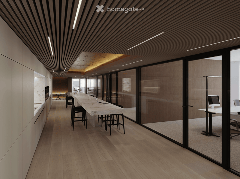 Modern office space with glass walls and doors, long dining table, chairs, white walls, wooden floor, lamps