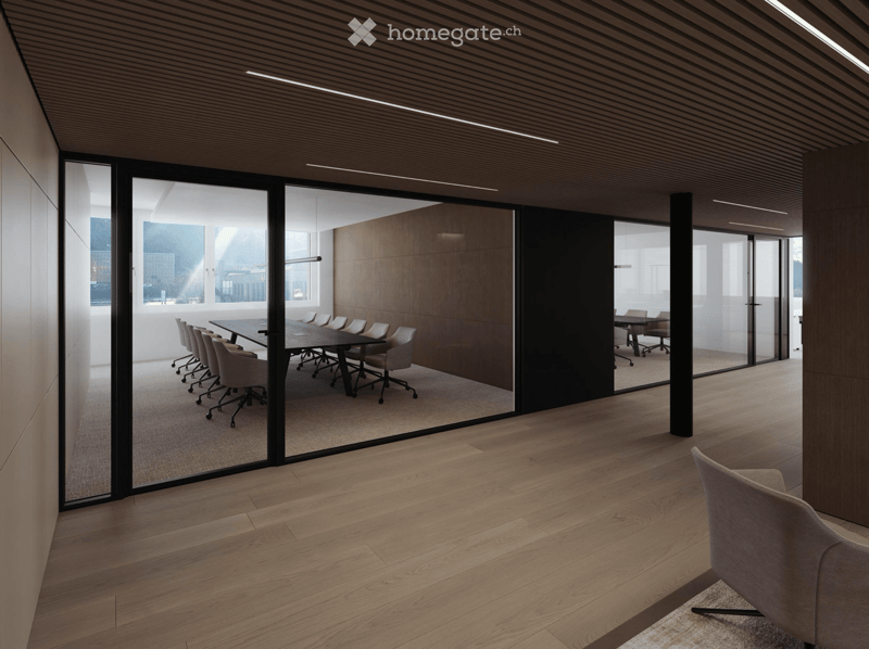 glass walls, wood floor, long table with chairs, office chairs