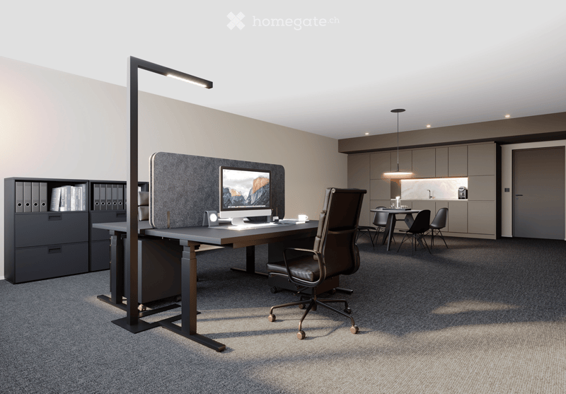 office desk, black desk, office chair, computer, cup, cabinet, bookshelf, ceiling lamp, table, chair