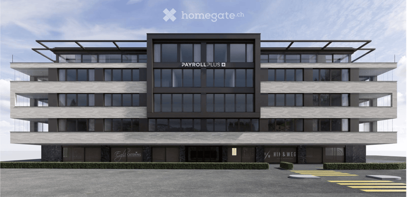 Office building, glass facade, three floors, black wall panels, large windows, modern design, large sign on the front