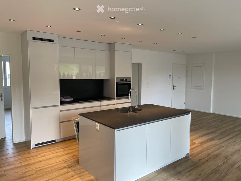 Modern kitchen with white cabinets, dark countertop, stainless steel appliances, and wooden flooring.