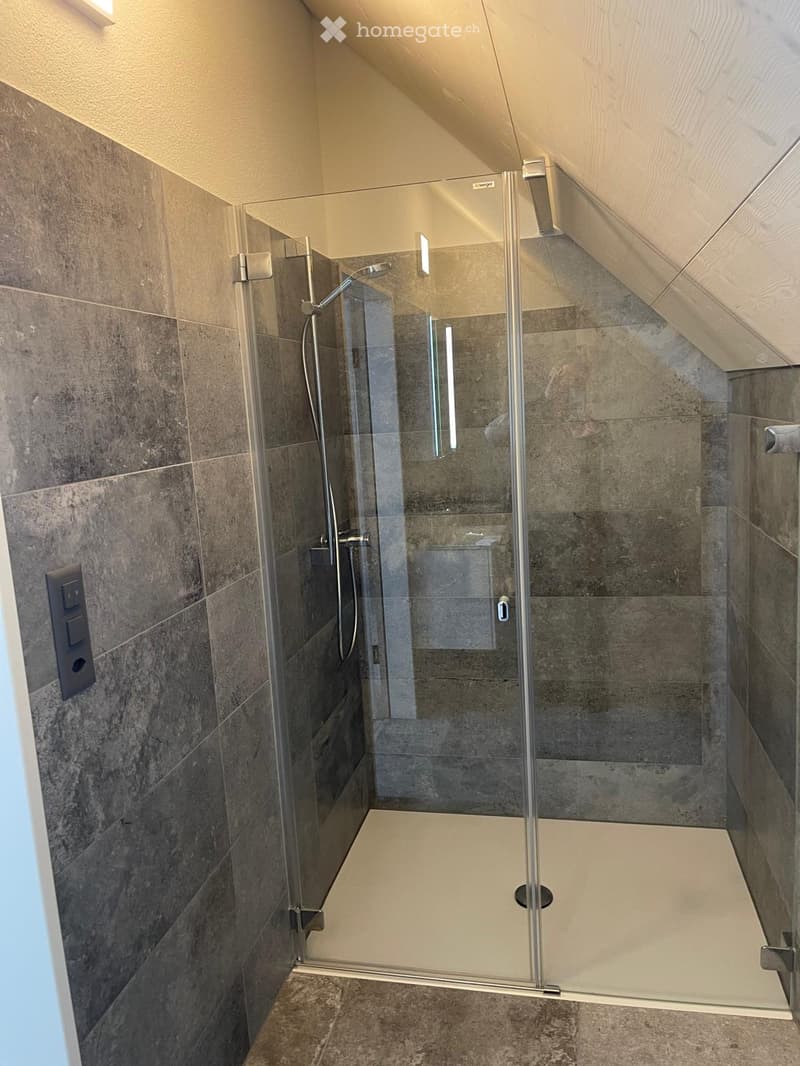 Bathroom. Modern bathroom with a glass-enclosed shower stall, grey tiled walls, and a sleek shower handle.