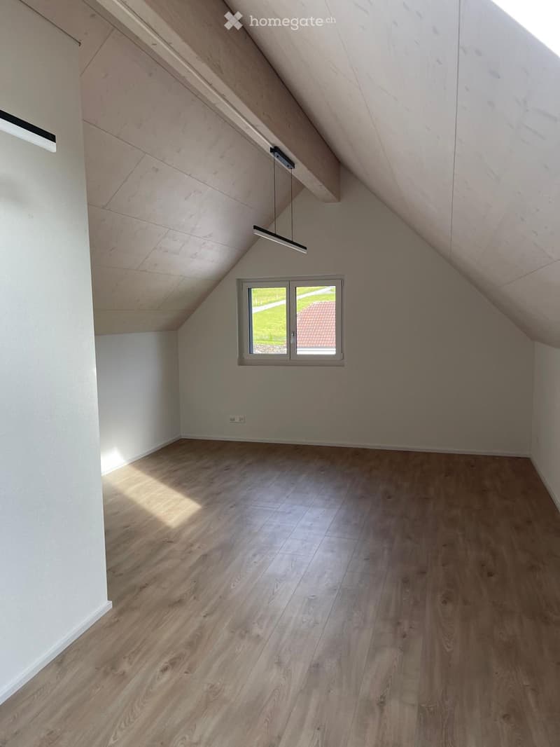 Unfurnished Room. Empty attic room with wooden flooring, white walls, and a skylight window. The ceiling has exposed wooden beams and a modern pendant light fixture.