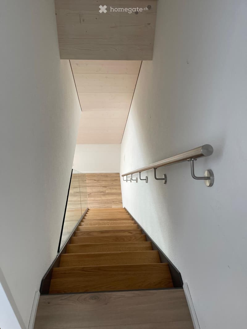 Corridor / Hallway. Modern staircase with wooden steps, glass railing, and metal handrail.
