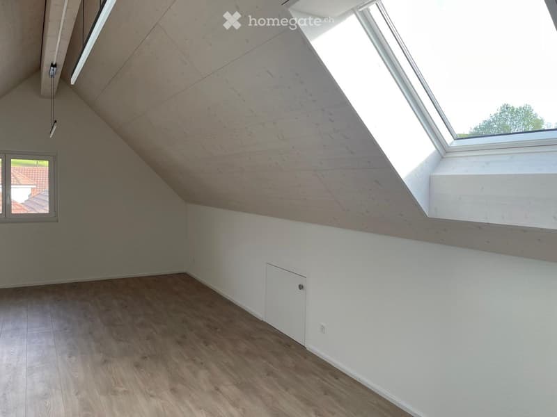 Unfurnished Room. Empty attic room with wooden flooring, white walls, and skylight windows allowing natural light.
