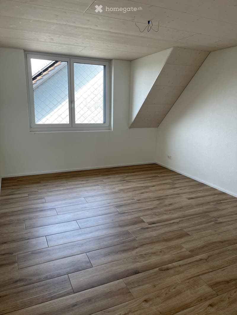 Unfurnished Room. Empty room with wooden flooring, white walls, and a large window with frosted glass panels. The ceiling has exposed wooden beams and a slanted design typical of an attic space.