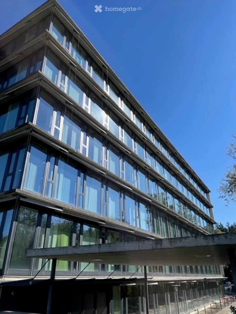 multi story office building, large windows, metallic frame, grey exterior, glass exterior