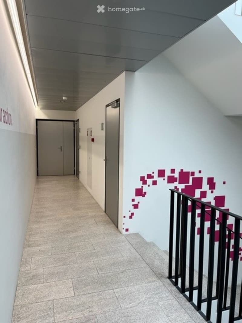 {"visible_features": ["Raised ground floor"],    "type": "Building Corridor",    "description": "tiled floor, two closed doors, white walls, pink design, staircase, handrail",    "localized_descriptions":        {        "EN": "Building Corridor: til