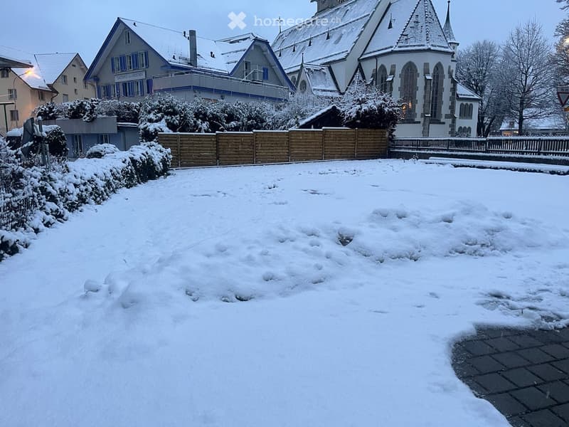 snowy garden with wooden fence, snow-covered bushes, buildings in the background