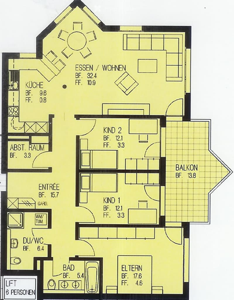 Floor Plan. Floor plan of a 6-person apartment with kitchen, living/dining area, two bedrooms, bathroom, hallway, balcony, and utility room.
