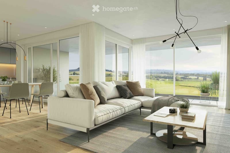 L-shaped white sofa, large windows, wooden flooring, table, chairs, plants, coffee table, books, modern chandelier, modern lighting