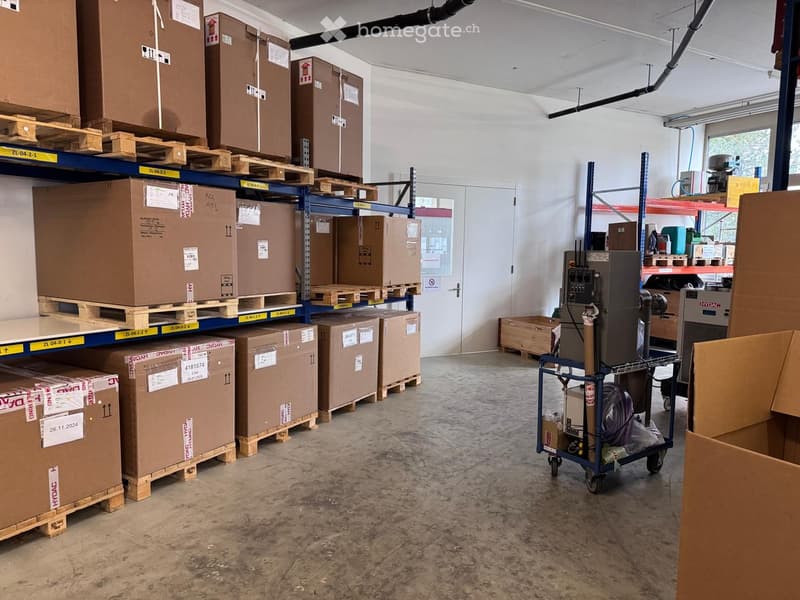 a room with a concrete floor, several shelves loaded with boxes, a cart with equipment, pipes on the ceiling