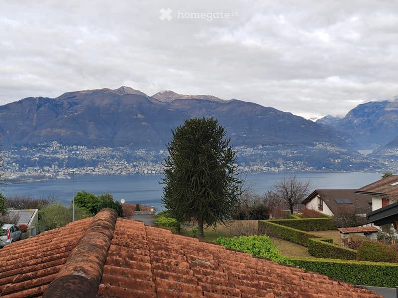 Aerial view: red roof tiles, tree, mountains, lake, and city skyline
