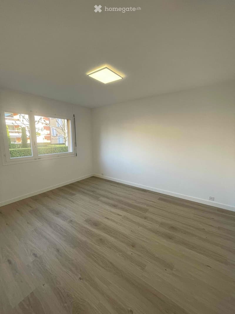 empty room, white walls, hardwood floor, large window, square ceiling light