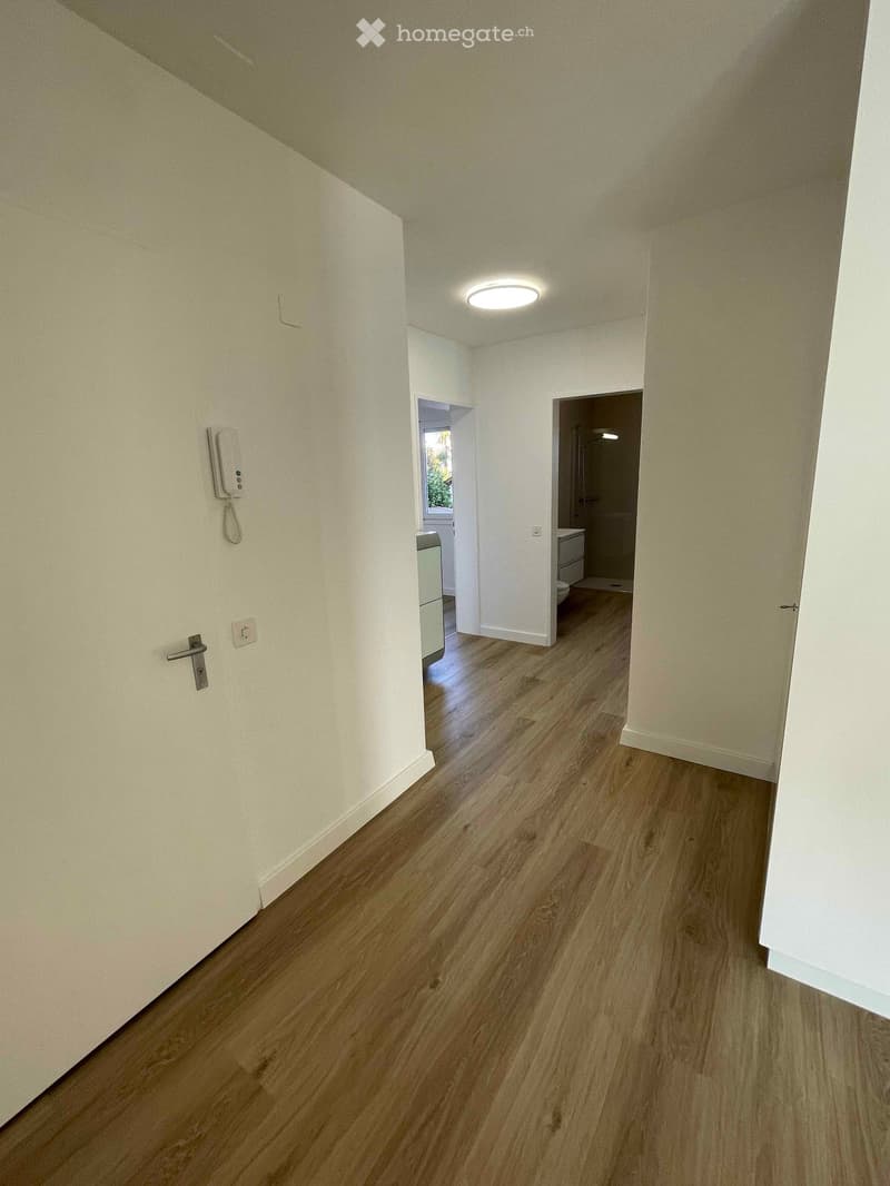empty room, wooden floor, white walls, white door, white intercom system, open doors leading to a shower room and a kitchen