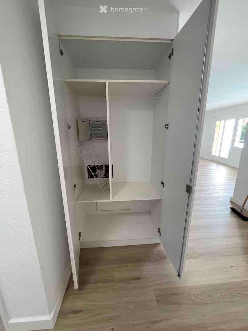 open wardrobe, white interior, wooden floor, electrical panel