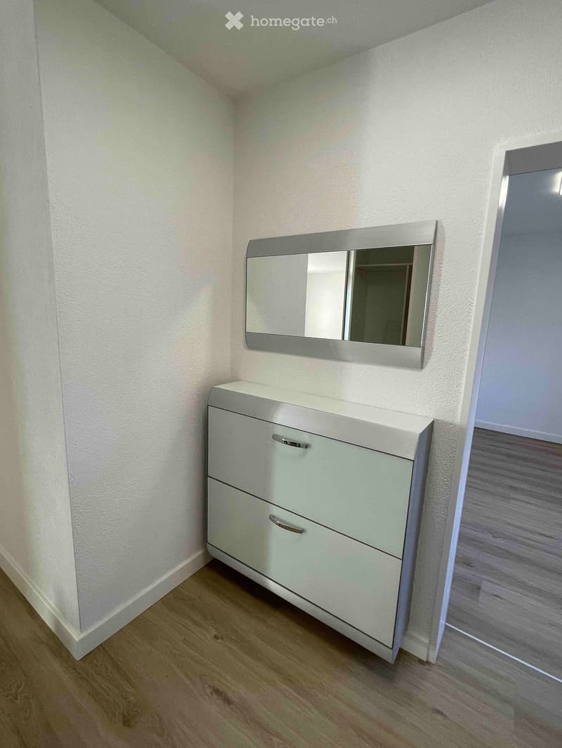 Corner cabinet with drawers, white walls, large mirror, hardwood floor