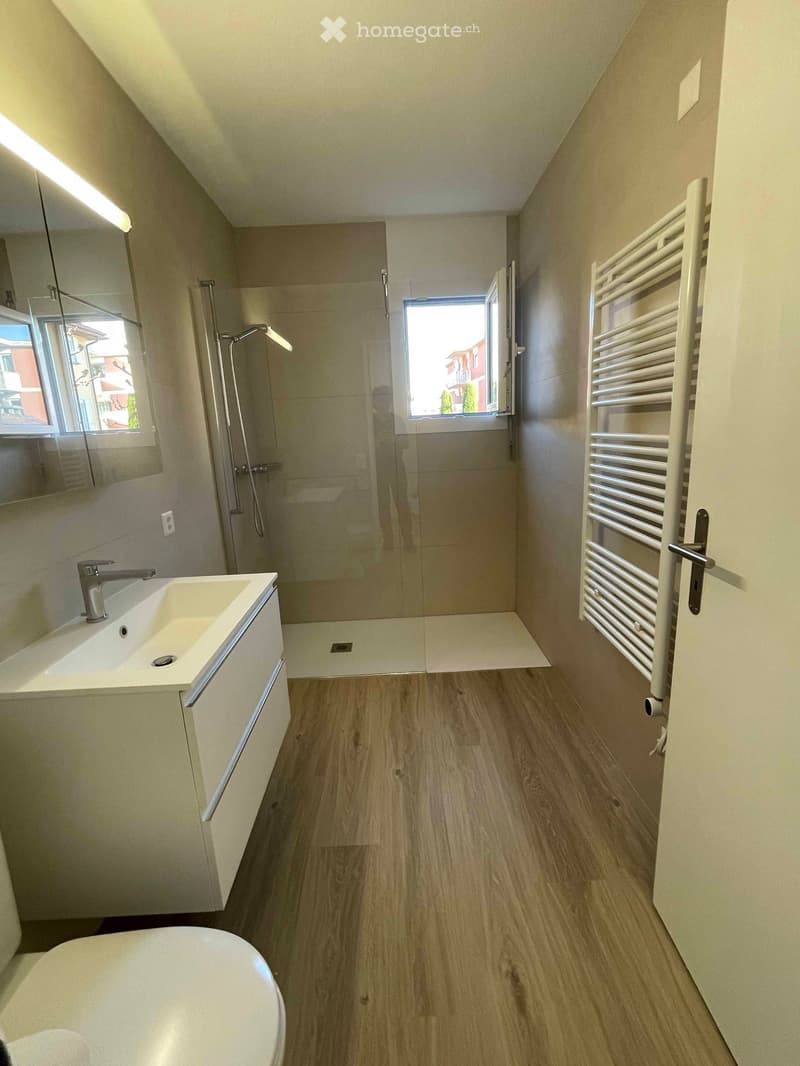 contemporary bathroom with walk-in shower, white vanity, floating vanity with basin, white toilet, heated towel rack, wooden flooring