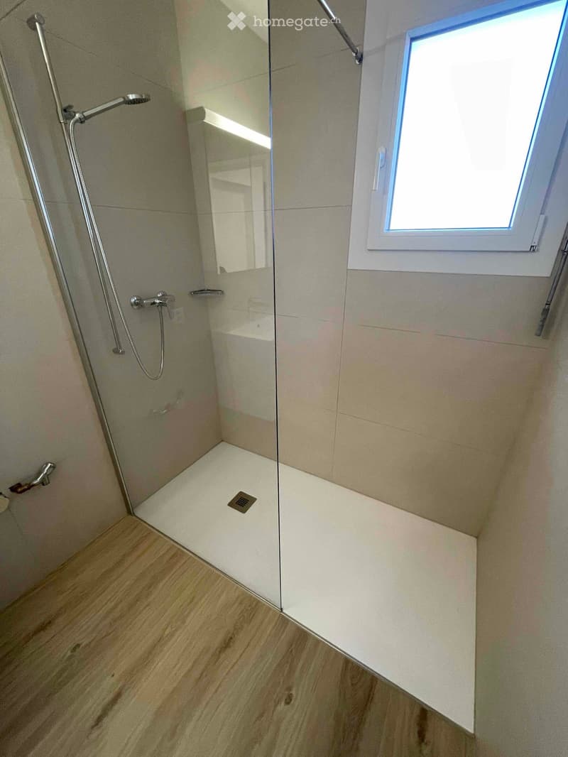 modern shower area with walk-in, shower head and handle, white tiles, wooden floor, skylight window