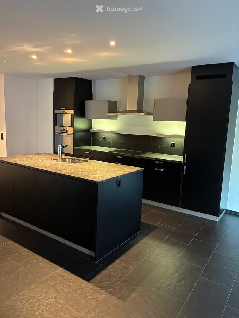 Modern kitchen with dark cabinets, granite countertop, stainless steel appliances, and integrated lighting.