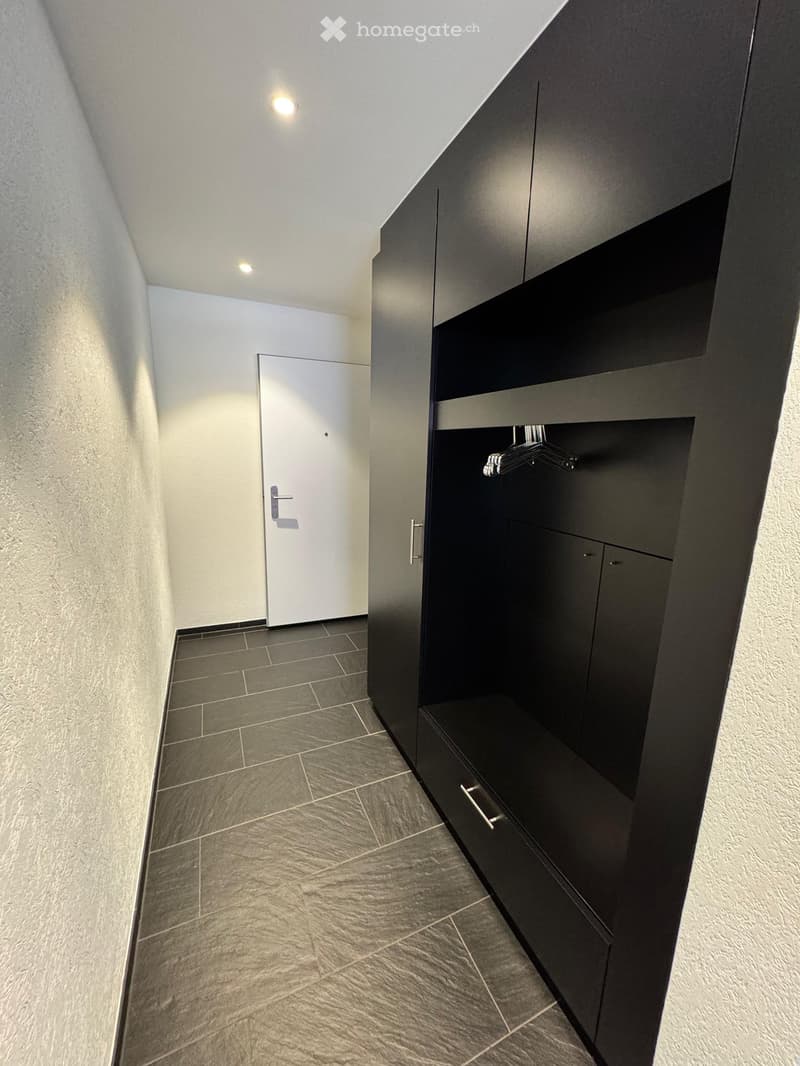 Modern hallway with dark grey tiled floor, white walls, built-in black storage unit with shelves and drawers, and a white door at the end.