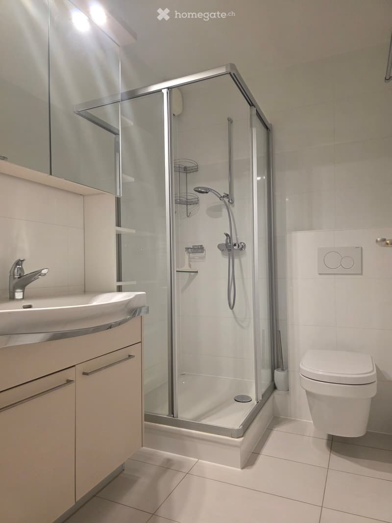 modern bathroom with shower, toilet, sink, cabinets and white tiles