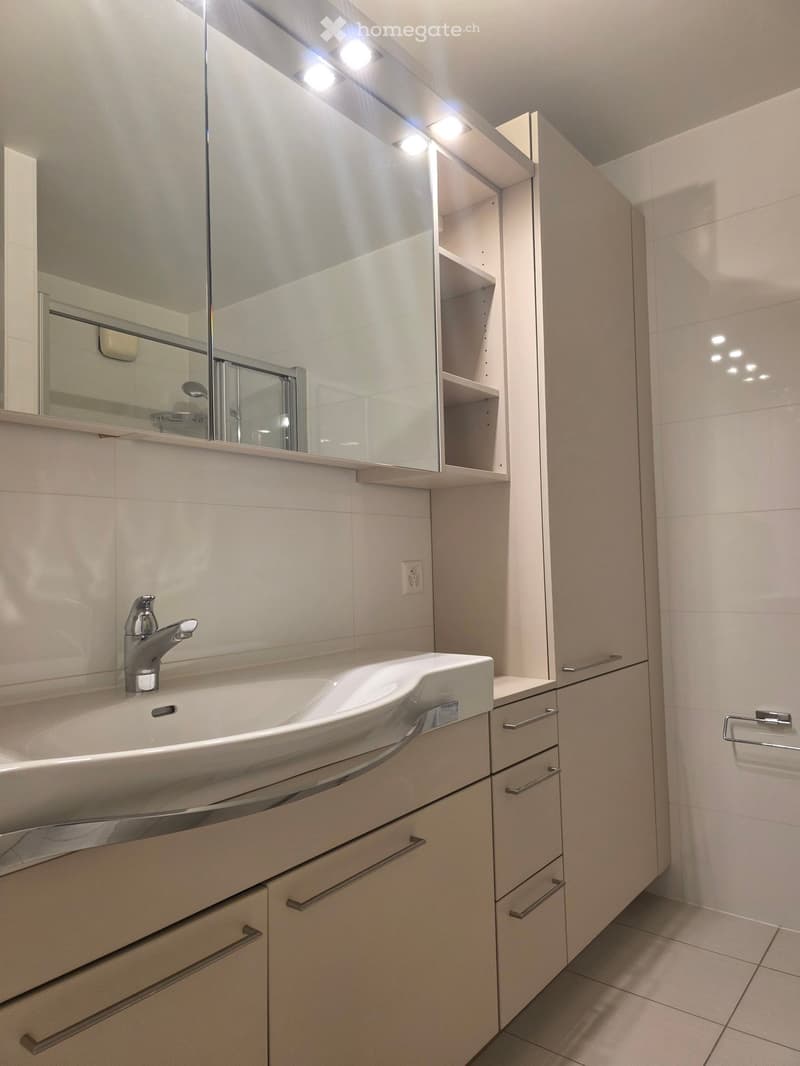modern bathroom, white tile floor, white walls, large mirror, built-in shelf, stainless steel faucet, walk-in shower