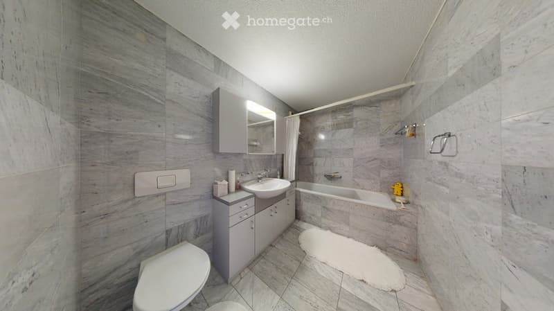 modern bathroom with marble tiles, toilet, sink, bathtub, mirror, toiletries