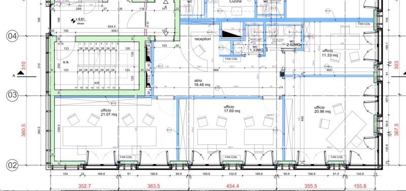 Kitchen, three offices, living room, atrio