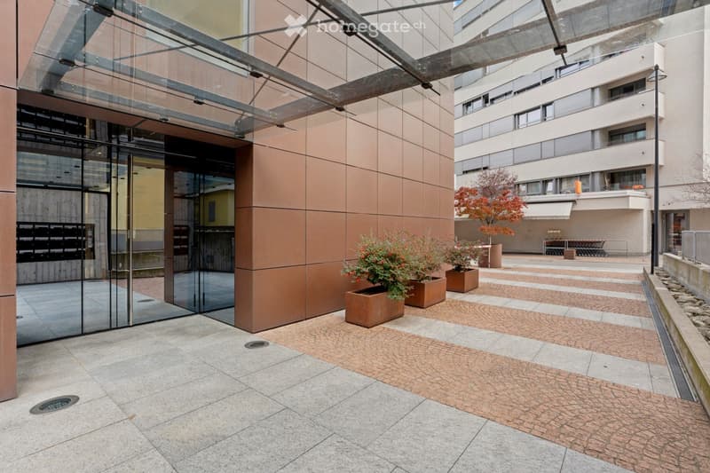 Entryway with brown metallic cladding, glass canopy, paved path, planted trees
