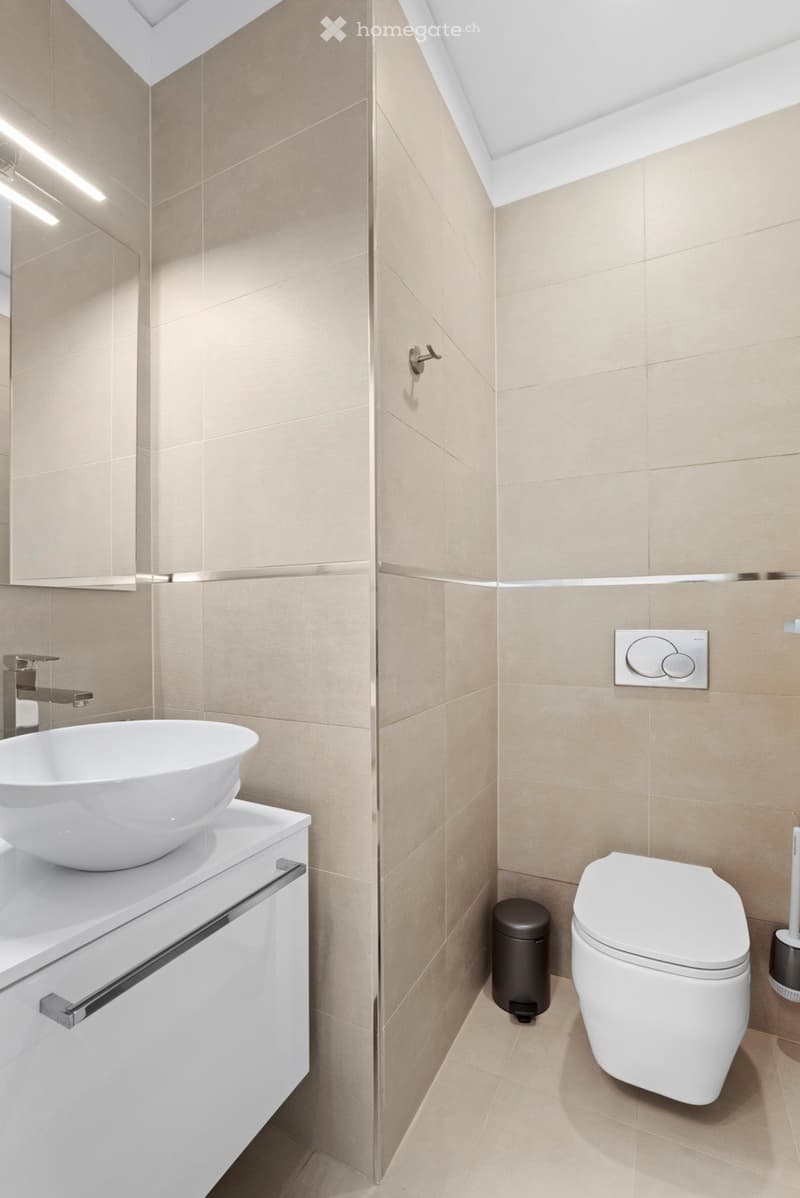 white sink, toilet, toilet paper holder, mirror, tiled walls
