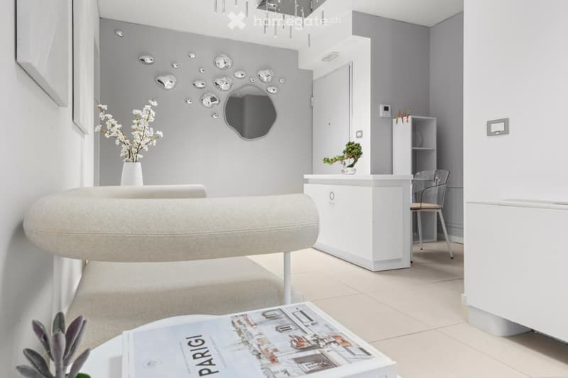 clean room, white walls, modern design, comfortable couch, table with books, decorative items, minimalist style, mirrors, small plants, white flooring