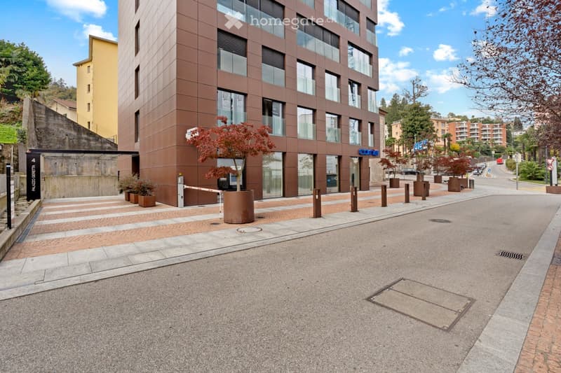 Modern brown building, many windows, bollards in front, small garden, paved sidewalk, streetlight, car parked on the street