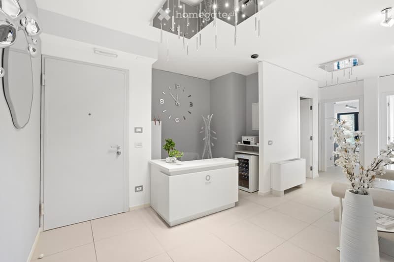 Spacious hallway with white doors, grey accent wall, large clock, white tiled floor, modern decor, counter with vase, potted plant, and open archway leading to a living area