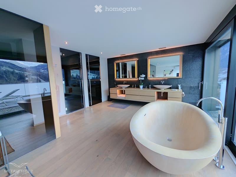 modern bathroom, bathtub, walk-in shower, vanity, mirrors, large windows, wooden floor