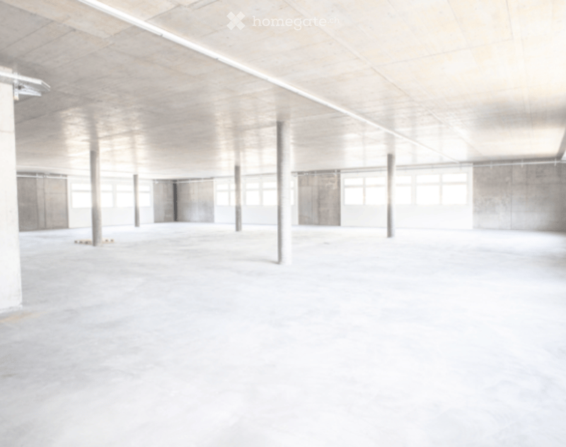 open space, exposed concrete, multiple pillars, windows on one side