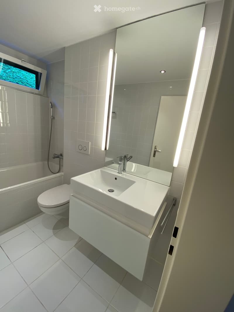modern bathroom, white tiles, white sink with faucet, large mirror, bathtub with shower head, toilet