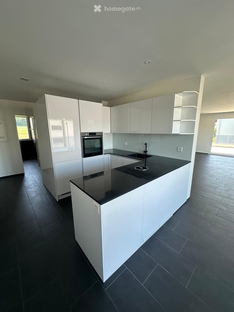 Modern kitchen with white cabinets, black countertop, built-in oven, sink, and faucet. Dark tiled floor and walls.