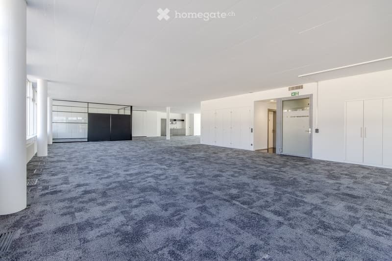 large open space, gray carpet, white walls, glass doors, white cabinets, central column