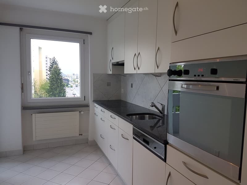 modern kitchen with white cabinets, black countertops, stainless steel appliances, large window with view