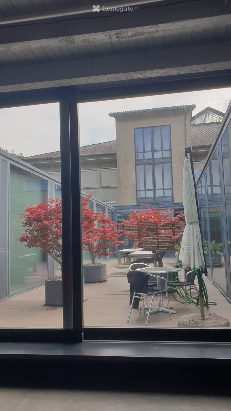 a garden view with tables and chairs, a patio with trees, and a building