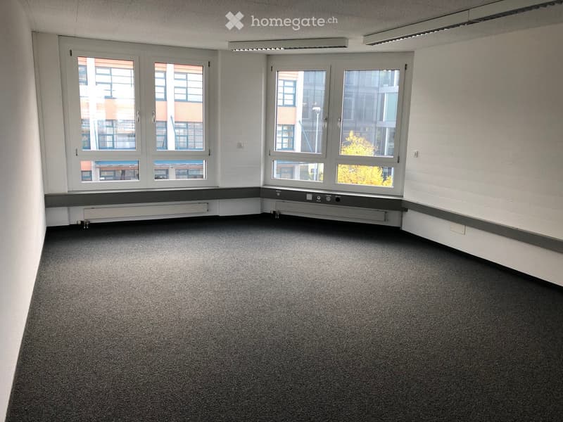 Empty room with carpet flooring, white walls, large windows, window sills with built-in radiators